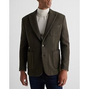 Express Slim Dark Olive Green Textured Boucle Wool Blend Blazer Jacket Sz 40L